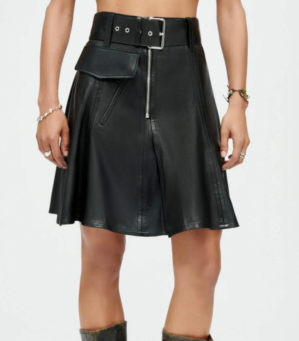 RE/DONE Women's Leather Moto Skirt Black Size 26 US 2 Belted Waist Pleated NWOT